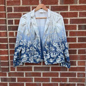 Chicos Novelty Foiled Pattern Jacket Size 4 Small White Blue Ombre Dip Dye